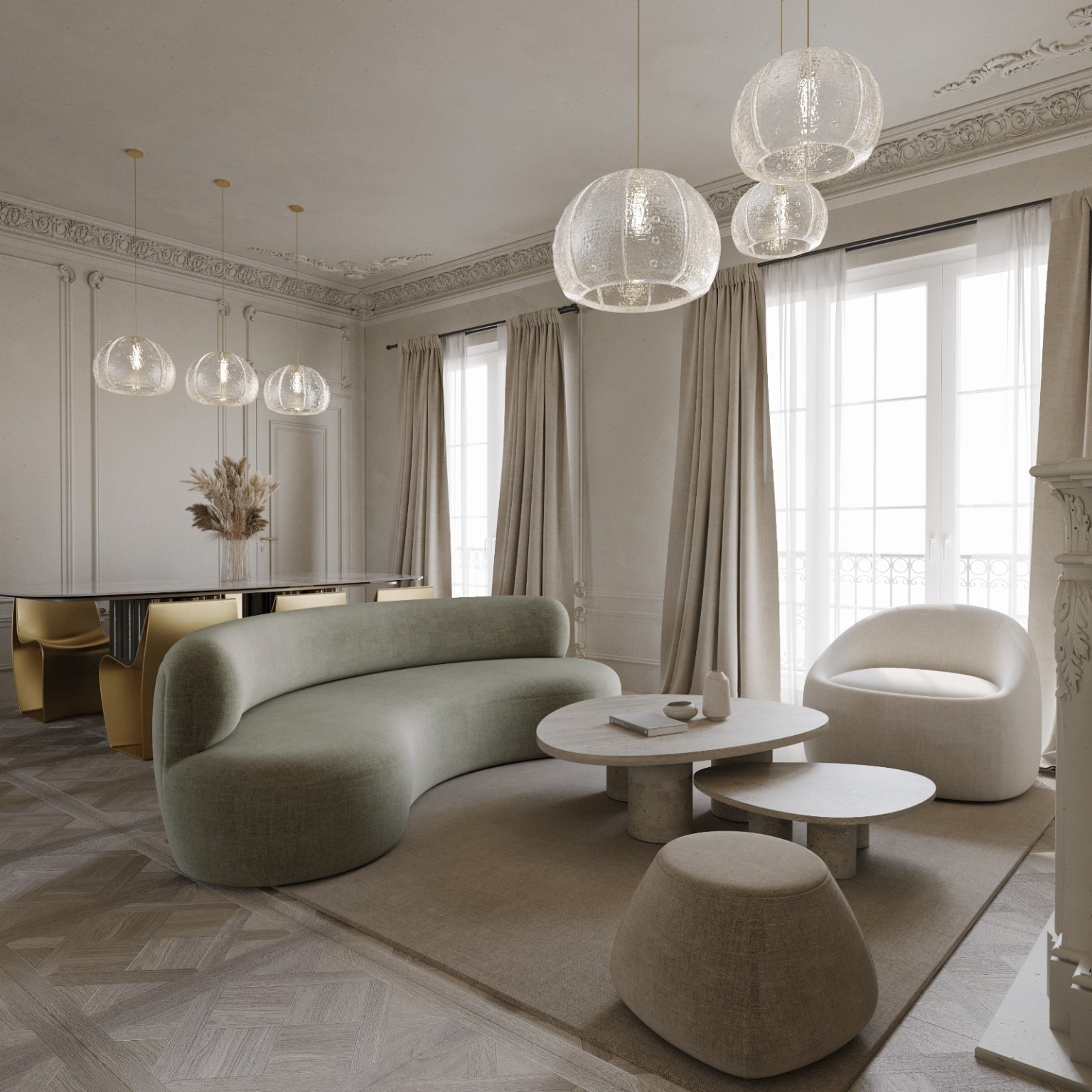 Paris salon with a curved sage sofa and restored mouldings