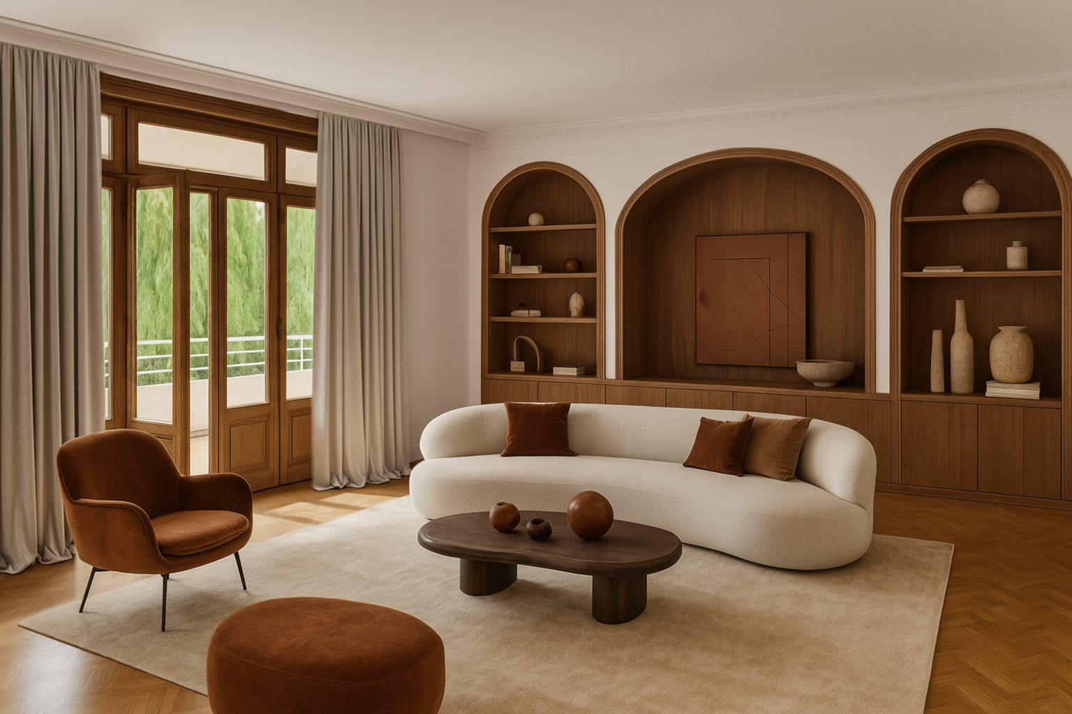 Paris 16 living room with a curved white sofa and arched timber joinery